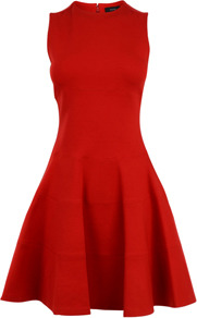Heavy Jersey Aline Dress - pattern: plain; sleeve style: sleeveless; style: full skirt; waist detail: fitted waist; predominant colour: true red; occasions: evening, occasion; length: just above the knee; fit: fitted at waist & bust; fibres: viscose/rayon - stretch; neckline: crew; hip detail: soft pleats at hip/draping at hip/flared at hip; sleeve length: sleeveless; trends: volume; pattern type: fabric; pattern size: standard; texture group: jersey - stretchy/drapey