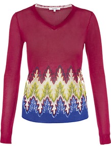 Jacquard Sweater - neckline: v-neck; style: standard; predominant colour: true red; occasions: casual, work; length: standard; fibres: polyester/polyamide - mix; fit: standard fit; sleeve length: long sleeve; sleeve style: standard; texture group: knits/crochet; pattern type: knitted - fine stitch; pattern size: standard; pattern: patterned/print
