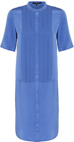 Pleat Front Shirt Dress - style: shirt; length: mid thigh; pattern: plain; bust detail: ruching/gathering/draping/layers/pintuck pleats at bust; predominant colour: pale blue; occasions: casual, evening, work; fit: straight cut; neckline: collarstand; fibres: silk - 100%; sleeve length: short sleeve; sleeve style: standard; texture group: sheer fabrics/chiffon/organza etc.; pattern type: fabric