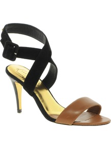 Jolea Strapped Sandals - predominant colour: black; occasions: evening, occasion; material: leather; heel height: high; ankle detail: ankle strap; heel: stiletto; toe: open toe/peeptoe; style: strappy; finish: plain; pattern: colourblock