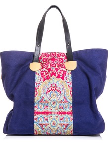 Canvas Paisley Print Bag - predominant colour: royal blue; occasions: casual, holiday; type of pattern: light; style: tote; length: handle; size: standard; material: fabric; pattern: paisley; finish: plain
