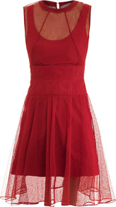 Lace Overlay Dress - neckline: round neck; pattern: plain; sleeve style: sleeveless; bust detail: sheer at bust; waist detail: wide waistband/cummerbund; predominant colour: true red; occasions: evening, occasion; length: just above the knee; fit: fitted at waist & bust; style: fit & flare; fibres: polyester/polyamide - 100%; hip detail: soft pleats at hip/draping at hip/flared at hip; back detail: keyhole/peephole detail at back; sleeve length: sleeveless; texture group: lace; pattern type: fabric