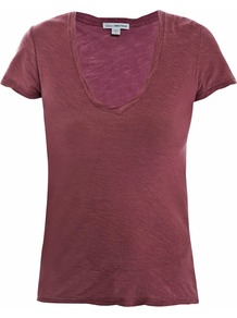 V Neck Slub Jersey T Shirt - pattern: plain; style: t-shirt; predominant colour: burgundy; occasions: casual, work, holiday; length: standard; neckline: scoop; fibres: cotton - 100%; fit: body skimming; sleeve length: short sleeve; sleeve style: standard; pattern type: fabric; pattern size: standard; texture group: jersey - stretchy/drapey
