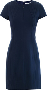 Kaelyn Dress - style: shift; neckline: round neck; sleeve style: capped; fit: tailored/fitted; pattern: plain; predominant colour: navy; occasions: casual, evening, occasion; length: just above the knee; fibres: viscose/rayon - stretch; sleeve length: short sleeve; trends: glamorous day shifts; pattern type: fabric; texture group: jersey - stretchy/drapey