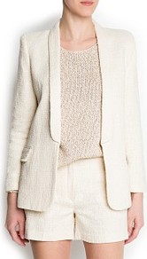 Bouclé Tuxedo Blazer - style: single breasted blazer; collar: shawl/waterfall; length: below the bottom; pattern: herringbone/tweed; predominant colour: ivory; occasions: evening, work, occasion; fit: tailored/fitted; fibres: cotton - mix; sleeve length: long sleeve; sleeve style: standard; trends: tuxedo; collar break: low/open; pattern type: fabric; texture group: tweed - light/midweight
