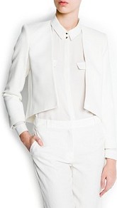 Cropped Jacket - pattern: plain; style: single breasted blazer; collar: round collar/collarless; length: cropped; predominant colour: white; occasions: evening, work, occasion; fit: tailored/fitted; fibres: polyester/polyamide - stretch; sleeve length: long sleeve; sleeve style: standard; collar break: low/open; pattern type: fabric; texture group: woven light midweight