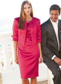 Cocktail Dress - style: shift; neckline: slash/boat neckline; sleeve style: capped; fit: tailored/fitted; pattern: plain; bust detail: ruching/gathering/draping/layers/pintuck pleats at bust; predominant colour: hot pink; occasions: evening, occasion; length: on the knee; fibres: polyester/polyamide - stretch; sleeve length: sleeveless; texture group: structured shiny - satin/tafetta/silk etc.; pattern type: fabric; pattern size: standard