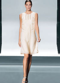 Silk Dress - style: shift; neckline: round neck; pattern: plain; sleeve style: sleeveless; predominant colour: ivory; occasions: evening, occasion, holiday; length: just above the knee; fit: straight cut; fibres: silk - 100%; sleeve length: sleeveless; texture group: silky - light; pattern type: fabric; embellishment: sequins