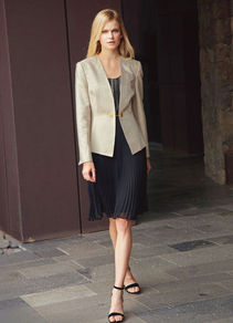Evening Jacket - pattern: plain; style: single breasted blazer; collar: standard lapel/rever collar; predominant colour: gold; occasions: evening, occasion; length: standard; fit: tailored/fitted; fibres: cotton - mix; sleeve length: long sleeve; sleeve style: standard; trends: metallics; collar break: low/open; pattern type: fabric; pattern size: standard; texture group: woven light midweight