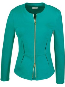 Knitted Blazer - pattern: plain; style: single breasted blazer; collar: round collar/collarless; predominant colour: emerald green; occasions: evening, work, occasion; length: standard; fit: tailored/fitted; fibres: viscose/rayon - stretch; sleeve length: long sleeve; sleeve style: standard; texture group: knits/crochet; collar break: high; pattern type: knitted - fine stitch; pattern size: standard