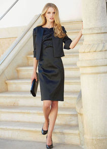 Cocktail Dress - style: shift; neckline: slash/boat neckline; sleeve style: capped; fit: tailored/fitted; pattern: plain; bust detail: ruching/gathering/draping/layers/pintuck pleats at bust; predominant colour: navy; occasions: evening, occasion; length: just above the knee; fibres: polyester/polyamide - stretch; sleeve length: sleeveless; texture group: structured shiny - satin/tafetta/silk etc.; pattern type: fabric; pattern size: standard