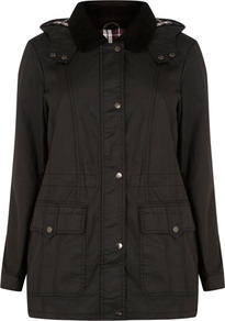 Black Wax Hooded Jacket - pattern: plain; length: below the bottom; back detail: hood; predominant colour: black; occasions: casual; fit: straight cut (boxy); fibres: cotton - 100%; collar: shirt collar/peter pan/zip with opening; sleeve length: long sleeve; sleeve style: standard; texture group: waxed cotton; collar break: high; pattern type: fabric; pattern size: standard; style: waxed