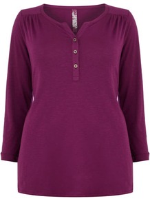 Pink Panel Shirt - neckline: v-neck; pattern: plain; style: shirt; bust detail: buttons at bust (in middle at breastbone)/zip detail at bust; predominant colour: magenta; occasions: casual; length: standard; fibres: cotton - 100%; fit: body skimming; shoulder detail: flat/draping pleats/ruching/gathering at shoulder; sleeve length: 3/4 length; sleeve style: standard; pattern type: fabric; texture group: jersey - stretchy/drapey