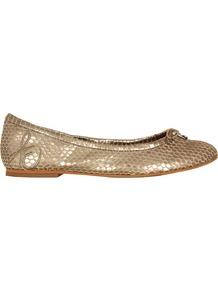 Felicia Light Gold Metal Shoes - predominant colour: gold; occasions: casual, evening, occasion; material: leather; heel height: flat; toe: round toe; style: ballerinas / pumps; trends: metallics; finish: metallic; pattern: animal print