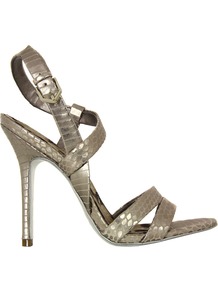 Abbott Pewter Shoes - predominant colour: champagne; occasions: evening, occasion; material: leather; heel height: high; ankle detail: ankle strap; heel: stiletto; toe: open toe/peeptoe; style: strappy; trends: metallics; finish: metallic; pattern: animal print