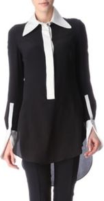 Contrast Detail Shirt - neckline: shirt collar/peter pan/zip with opening; sleeve style: extended cuff; pattern: plain; length: below the bottom; style: shirt; secondary colour: white; predominant colour: black; occasions: casual, evening, work, holiday; fibres: silk - 100%; fit: loose; back detail: longer hem at back than at front; sleeve length: extra long; texture group: silky - light; pattern type: fabric