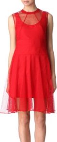 Lace Dress - pattern: plain; sleeve style: sleeveless; waist detail: wide waistband/cummerbund; predominant colour: true red; occasions: evening, occasion; length: just above the knee; fit: fitted at waist & bust; style: fit & flare; neckline: crew; hip detail: soft pleats at hip/draping at hip/flared at hip; back detail: keyhole/peephole detail at back; sleeve length: sleeveless; pattern type: fabric; texture group: other - light to midweight; fibres: viscose/rayon - mix; embellishment: lace