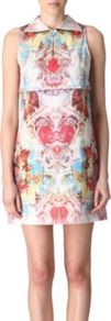 Opera Print Dress - style: shift; length: mid thigh; neckline: shirt collar/peter pan/zip with opening; sleeve style: sleeveless; occasions: evening, occasion; fit: soft a-line; fibres: polyester/polyamide - 100%; predominant colour: multicoloured; sleeve length: sleeveless; texture group: crepes; trends: statement prints; pattern type: fabric; pattern size: big & busy; pattern: patterned/print