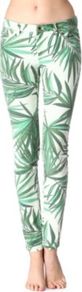 Palm Print Skinny Jeans - style: skinny leg; length: standard; pocket detail: small back pockets, pockets at the sides, traditional 5 pocket; waist: mid/regular rise; predominant colour: emerald green; occasions: casual, evening, holiday; fibres: cotton - stretch; texture group: denim; trends: statement prints; pattern type: fabric; pattern size: standard; pattern: patterned/print