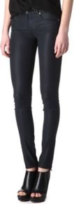 Glossy Skinny Mid Rise Jeans - style: skinny leg; length: standard; pattern: plain; waist: low rise; pocket detail: traditional 5 pocket; predominant colour: navy; occasions: casual, evening; fibres: cotton - stretch; texture group: denim; pattern type: fabric