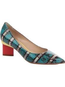 Oscar Snake Effect Court Shoes - predominant colour: turquoise; occasions: evening, work; material: leather; heel height: mid; heel: block; toe: pointed toe; style: courts; trends: striking stripes; finish: patent; pattern: animal print