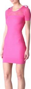 Mesh Bodycon Dress - length: mini; fit: tight; pattern: plain; style: bodycon; bust detail: sheer at bust; waist detail: fitted waist; hip detail: fitted at hip; predominant colour: hot pink; occasions: evening; fibres: polyester/polyamide - mix; neckline: crew; shoulder detail: added shoulder detail; sleeve length: short sleeve; sleeve style: standard; texture group: knits/crochet; trends: fluorescent; pattern type: knitted - other