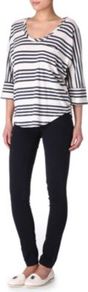 Striped Capri Top - sleeve style: dolman/batwing; pattern: striped; style: t-shirt; predominant colour: white; occasions: casual, work; length: standard; neckline: scoop; fibres: cotton - mix; fit: loose; sleeve length: 3/4 length; trends: striking stripes; pattern type: fabric; pattern size: small & busy; texture group: jersey - stretchy/drapey