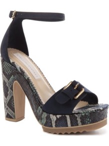 Tina Faux Suede Sandals - predominant colour: black; occasions: evening, work, occasion, holiday; material: faux leather; heel height: high; embellishment: buckles; ankle detail: ankle strap; heel: platform; toe: open toe/peeptoe; style: strappy; trends: statement prints; finish: plain; pattern: animal print