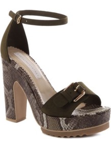 Tina Faux Suede Sandals - predominant colour: black; occasions: casual, evening, work, occasion, holiday; material: faux leather; heel height: high; embellishment: buckles; ankle detail: ankle strap; heel: platform; toe: open toe/peeptoe; style: standard; trends: statement prints; finish: plain; pattern: animal print