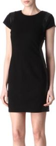 Pele Leather Trim Dress - style: shift; length: mini; sleeve style: capped; pattern: plain; shoulder detail: contrast pattern/fabric at shoulder; predominant colour: black; occasions: evening; fit: body skimming; fibres: viscose/rayon - stretch; neckline: crew; sleeve length: sleeveless; pattern type: fabric; texture group: jersey - stretchy/drapey
