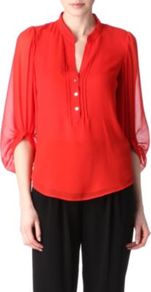 Syrah Top - pattern: plain; sleeve style: balloon; style: blouse; bust detail: buttons at bust (in middle at breastbone)/zip detail at bust; predominant colour: true red; occasions: casual, evening, work; length: standard; neckline: mandarin with v-neck; fibres: silk - 100%; fit: body skimming; sleeve length: 3/4 length; texture group: silky - light; pattern type: fabric