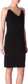 Chainmail Strap Dress - style: shift; neckline: cowl/draped neck; pattern: plain; sleeve style: sleeveless; predominant colour: black; occasions: evening, occasion; length: just above the knee; fit: body skimming; fibres: polyester/polyamide - stretch; shoulder detail: added shoulder detail; sleeve length: sleeveless; texture group: crepes; pattern type: fabric; embellishment: chain/metal