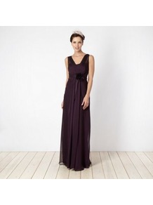 Purple Ruched Georgette Bandeau Maxi Dress - neckline: low v-neck; fit: fitted at waist; pattern: plain; sleeve style: sleeveless; style: maxi dress; waist detail: embellishment at waist/feature waistband; bust detail: ruching/gathering/draping/layers/pintuck pleats at bust; predominant colour: purple; occasions: evening, occasion; length: floor length; fibres: polyester/polyamide - stretch; hip detail: soft pleats at hip/draping at hip/flared at hip; sleeve length: sleeveless; texture group: sheer fabrics/chiffon/organza etc.; pattern type: fabric; embellishment: corsage