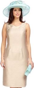 Brulee Embroidered Shift Dress - style: shift; neckline: round neck; fit: tailored/fitted; pattern: plain; sleeve style: sleeveless; predominant colour: champagne; occasions: evening, occasion; length: on the knee; fibres: polyester/polyamide - mix; hip detail: sculpting darts/pleats/seams at hip; sleeve length: sleeveless; texture group: structured shiny - satin/tafetta/silk etc.; pattern type: fabric