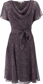 Lyon Dress - style: shift; neckline: cowl/draped neck; fit: fitted at waist; waist detail: belted waist/tie at waist/drawstring; predominant colour: aubergine; occasions: evening, occasion; length: just above the knee; fibres: silk - 100%; sleeve length: short sleeve; sleeve style: standard; texture group: sheer fabrics/chiffon/organza etc.; bust detail: tiers/frills/bulky drapes/pleats; pattern type: fabric; pattern size: small & busy; pattern: patterned/print