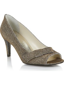 Bowover Peep Toe Courts Matt Gold - predominant colour: gold; occasions: evening, occasion; material: fabric; heel height: mid; embellishment: glitter; heel: stiletto; toe: open toe/peeptoe; style: courts; trends: metallics; finish: metallic; pattern: plain
