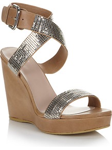 Metalmania Sandal Wedges - predominant colour: tan; occasions: casual, evening, occasion, holiday; material: leather; heel height: high; embellishment: sequins; ankle detail: ankle strap; heel: wedge; toe: open toe/peeptoe; style: strappy; trends: metallics; finish: plain; pattern: plain