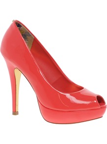 Svana 5 Peep Toe Court Shoes - predominant colour: bright orange; occasions: evening, occasion; material: leather; heel height: high; heel: platform; toe: open toe/peeptoe; style: courts; finish: patent; pattern: plain