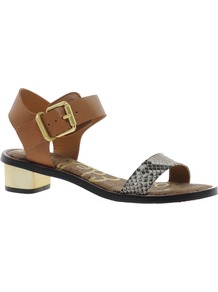 Trina Heeled Sandals - predominant colour: tan; occasions: casual, holiday; material: leather; heel height: mid; embellishment: buckles; ankle detail: ankle strap; heel: block; toe: open toe/peeptoe; style: standard; finish: plain; pattern: animal print