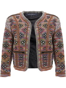 Sable Striped Jacket - pattern: horizontal stripes; collar: round collar/collarless; length: cropped; style: boxy; occasions: casual, evening; fit: straight cut (boxy); fibres: cotton - 100%; predominant colour: multicoloured; sleeve length: 3/4 length; sleeve style: standard; collar break: high; pattern type: fabric; pattern size: small & busy; texture group: woven light midweight; embellishment: beading