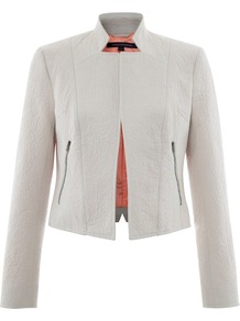Natsue Jacket - pattern: plain; style: single breasted blazer; bust detail: added detail/embellishment at bust; collar: standard lapel/rever collar; predominant colour: light grey; occasions: casual, evening, work, holiday; length: standard; fit: tailored/fitted; fibres: polyester/polyamide - mix; back detail: back vent/flap at back; sleeve length: long sleeve; sleeve style: standard; texture group: cotton feel fabrics; collar break: low/open; pattern type: fabric; embellishment: quilted