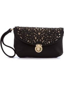 Black Baroque Cut Out Wristlet - predominant colour: black; occasions: evening, occasion, holiday; type of pattern: light; style: clutch; length: handle; size: standard; material: faux leather; embellishment: embroidered; finish: plain; pattern: patterned/print