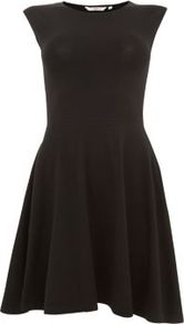 Black Cap Sleeve Skater Dress - length: mid thigh; pattern: plain; sleeve style: sleeveless; waist detail: fitted waist; predominant colour: black; occasions: casual, evening; fit: fitted at waist & bust; style: fit & flare; fibres: cotton - stretch; neckline: crew; sleeve length: sleeveless; texture group: cotton feel fabrics