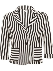 Black And White Stripe Ponte Blazer - pattern: vertical stripes; style: single breasted blazer; length: cropped; collar: standard lapel/rever collar; occasions: casual, evening; fit: tailored/fitted; fibres: polyester/polyamide - stretch; sleeve length: 3/4 length; sleeve style: standard; predominant colour: monochrome; trends: striking stripes; collar break: medium; pattern type: fabric; pattern size: standard; texture group: other - stretchy