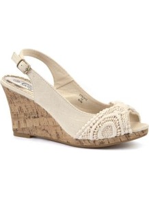 Cream Crochet Cork Wedges - predominant colour: ivory; occasions: casual, holiday; material: fabric; heel height: mid; embellishment: embroidered; heel: wedge; toe: open toe/peeptoe; style: slingbacks; finish: plain; pattern: plain