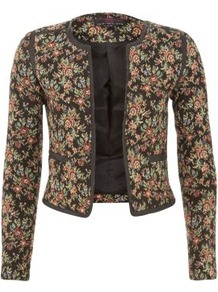 Black Floral Tapestry Jacket - style: single breasted blazer; collar: round collar/collarless; length: below the bottom; occasions: casual, evening; fit: tailored/fitted; fibres: polyester/polyamide - mix; predominant colour: multicoloured; sleeve length: long sleeve; sleeve style: standard; trends: high impact florals; collar break: high; pattern type: fabric; pattern size: small & busy; pattern: florals; texture group: woven bulky/heavy