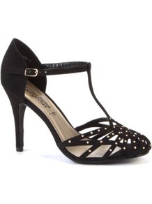 Black Stud T Bar Heel Courts - predominant colour: black; occasions: evening, occasion; material: fabric; heel height: high; embellishment: studs; ankle detail: ankle strap; heel: stiletto; toe: open toe/peeptoe; style: t-bar; finish: plain; pattern: plain