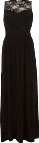 Black Lace Insert Jersey Maxi Dress - pattern: plain; sleeve style: sleeveless; style: maxi dress; bust detail: sheer at bust; waist detail: fitted waist; shoulder detail: contrast pattern/fabric at shoulder; predominant colour: black; occasions: evening, occasion; length: floor length; fit: fitted at waist & bust; fibres: viscose/rayon - stretch; neckline: crew; sleeve length: sleeveless; texture group: lace; pattern type: fabric