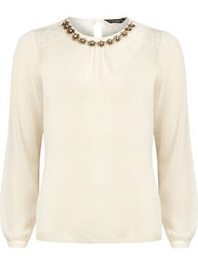 Ivory Necklace Trim Top - pattern: plain; style: blouse; shoulder detail: contrast pattern/fabric at shoulder; back detail: contrast pattern/fabric at back; predominant colour: ivory; occasions: casual, evening, work; length: standard; fibres: polyester/polyamide - 100%; fit: straight cut; neckline: crew; sleeve length: long sleeve; sleeve style: standard; texture group: sheer fabrics/chiffon/organza etc.; pattern type: fabric; embellishment: lace