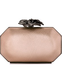 Luna Embellished Flower Clasp Clutch - predominant colour: gold; occasions: evening, occasion; type of pattern: standard; style: clutch; length: hand carry; size: small; material: leather; embellishment: crystals; pattern: plain; trends: metallics; finish: metallic